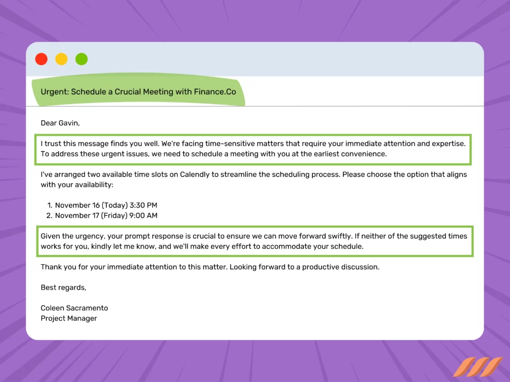 Meeting request email: Create Urgency