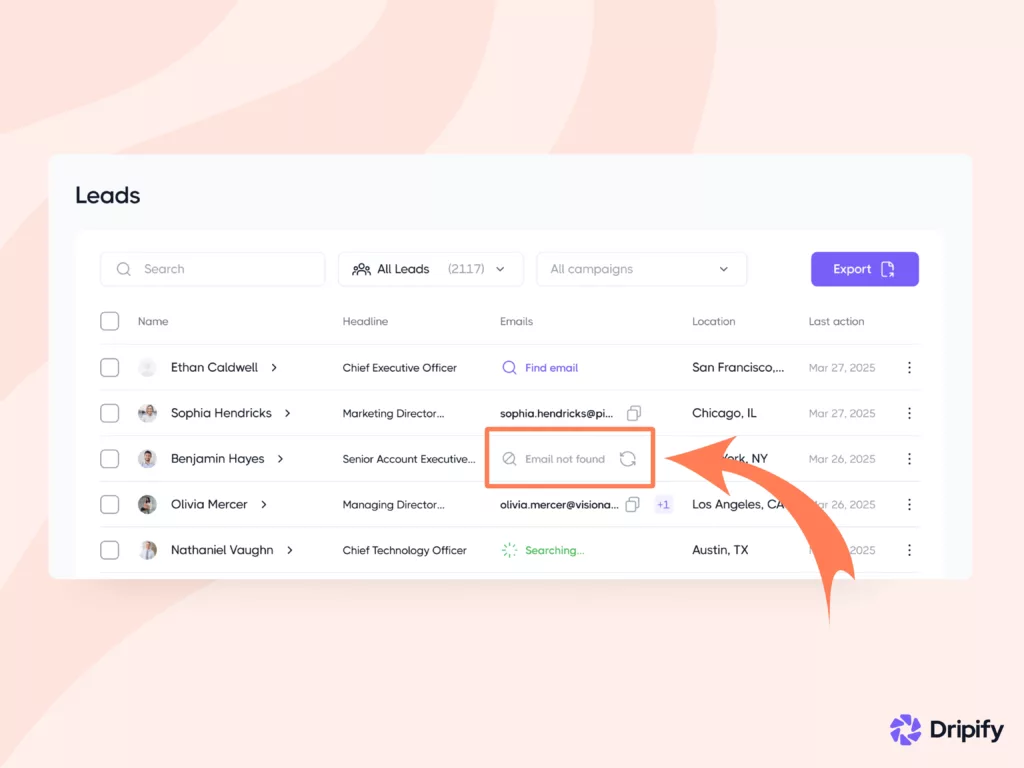 Image-2 Utilizing Email Finder in the Leads List